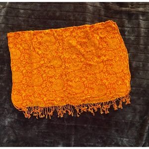 Yellow Floral Print on Bright Orange Long Fringed Scarf ~30" x 70"‎